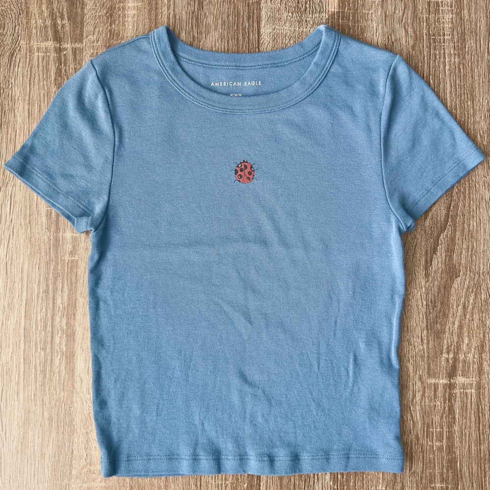 NWOT AE Cropped Hey Baby Ringer Tee Blue Ladybug Short Sleeve Crop Top Red Black